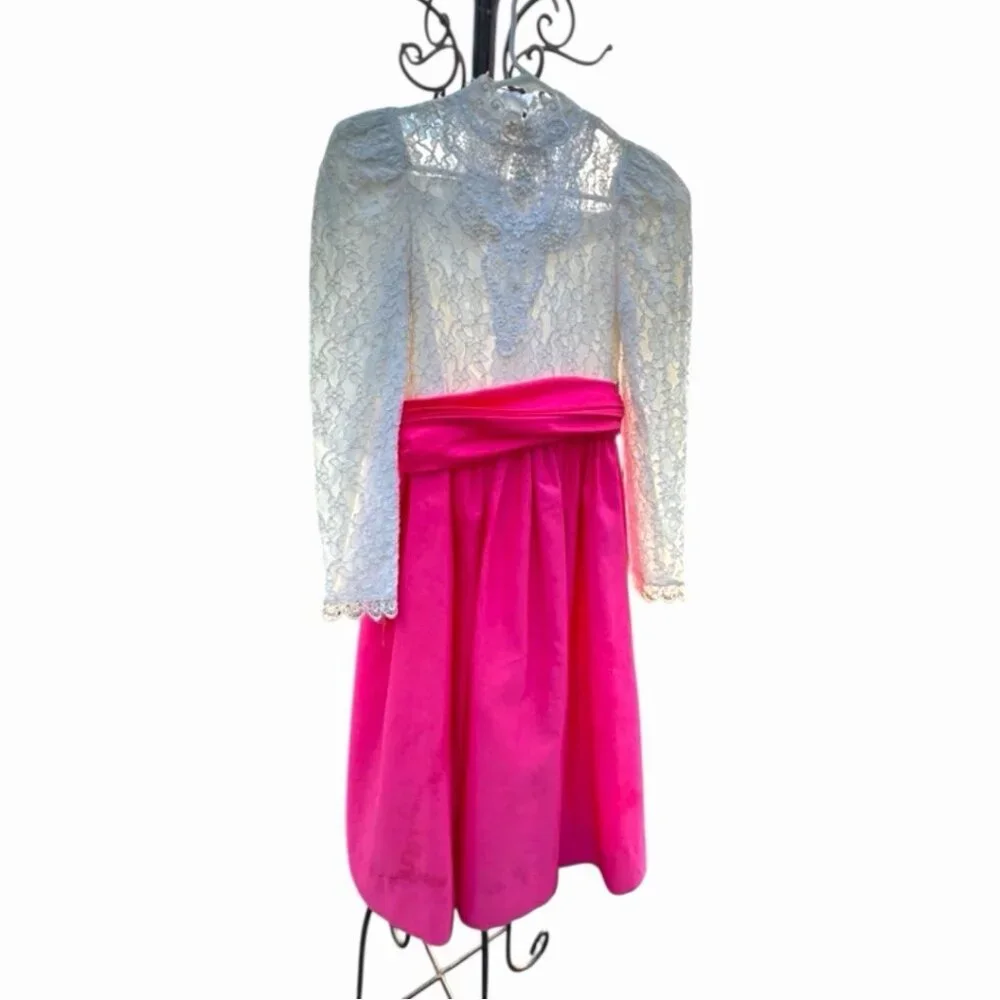 Vintage Dorissa International Nicole Dress Lace Pearls Taffeta Party Hot Pink 14